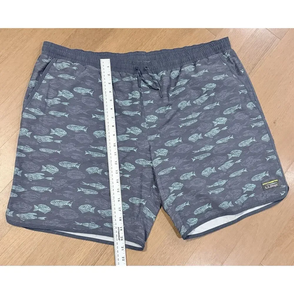 LL Bean Mens 3XL Fish Print Lined Performance Shorts Blue Gray Swim Hybrid EUC